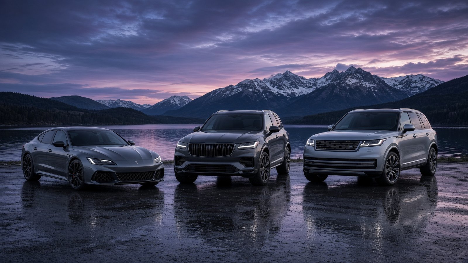 Acura vehicles at dusk by a mountain lake