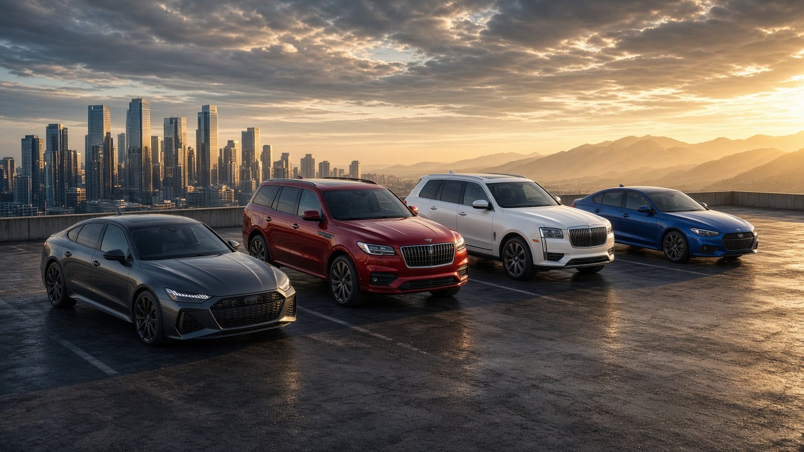 Audi vehicles on a rooftop at golden hour