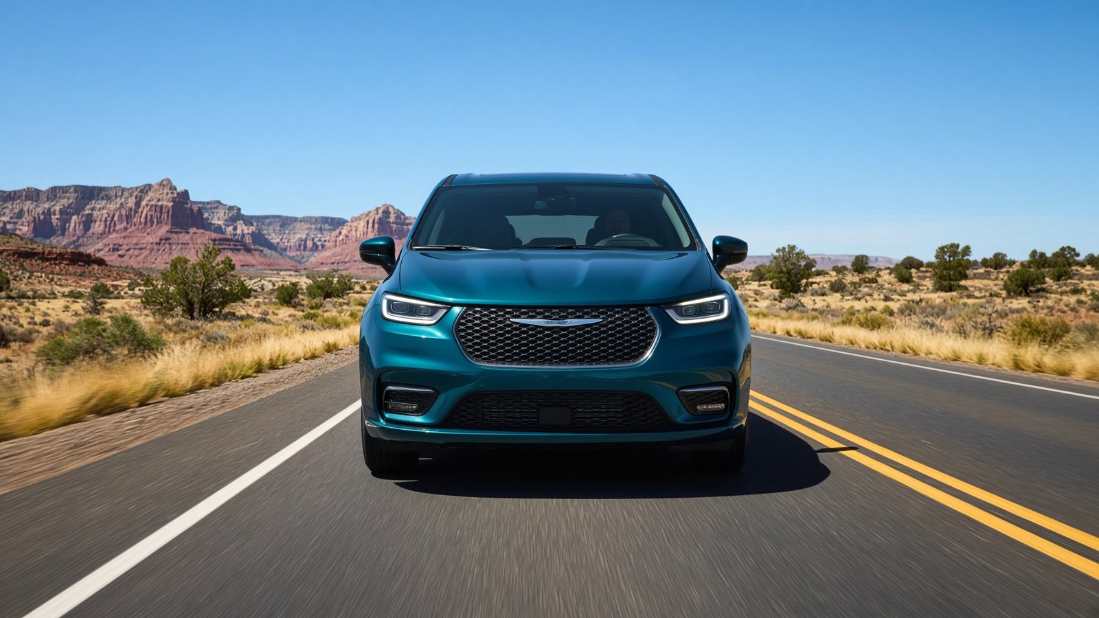 2027 Chrysler Pacifica driving on a desert highway