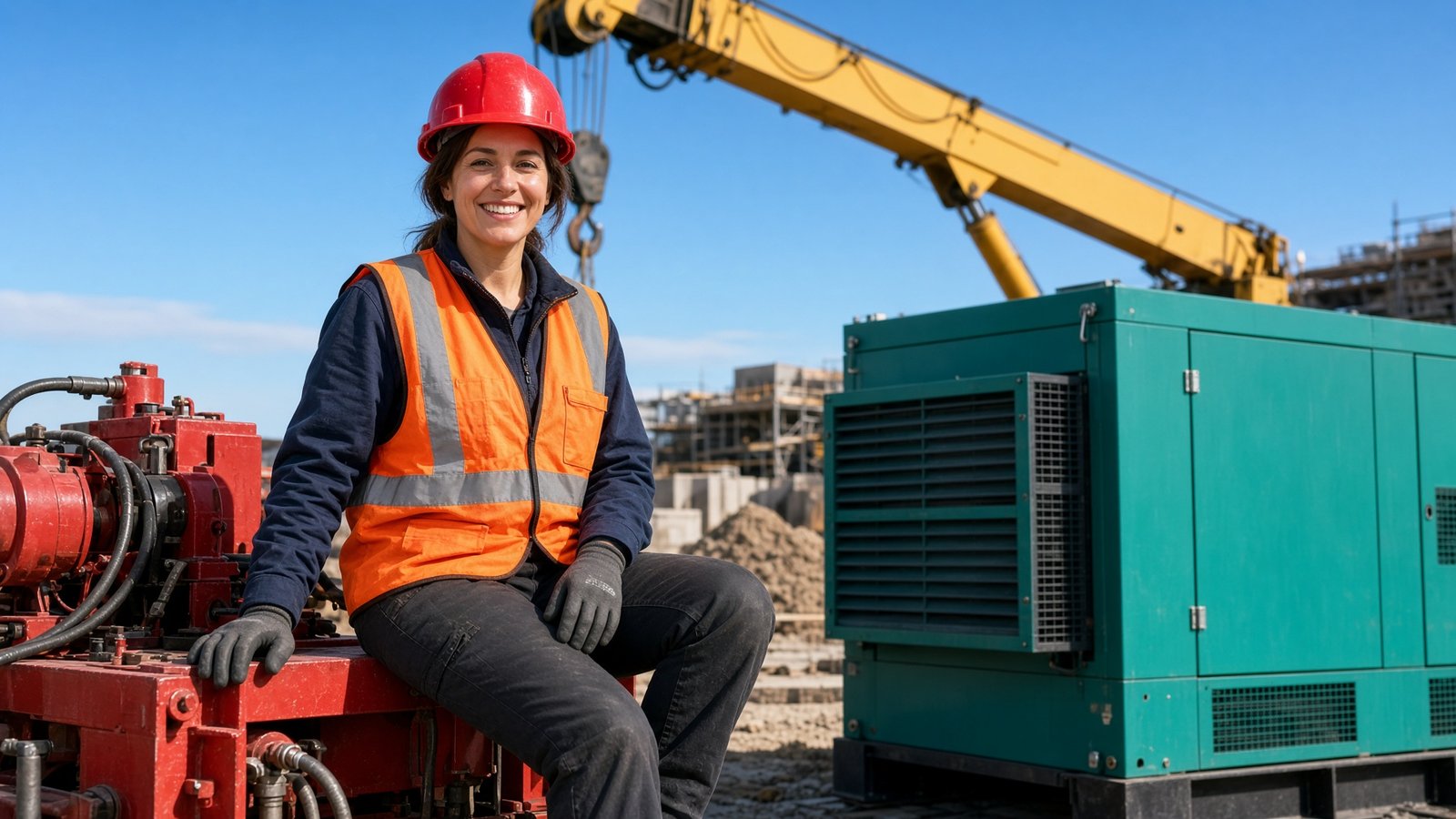 Technician beside a generator on a job site