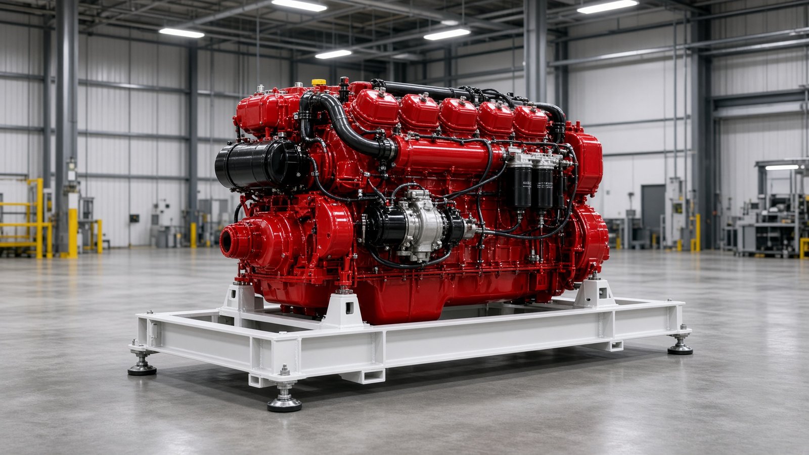 Red Cummins diesel engine in a factory