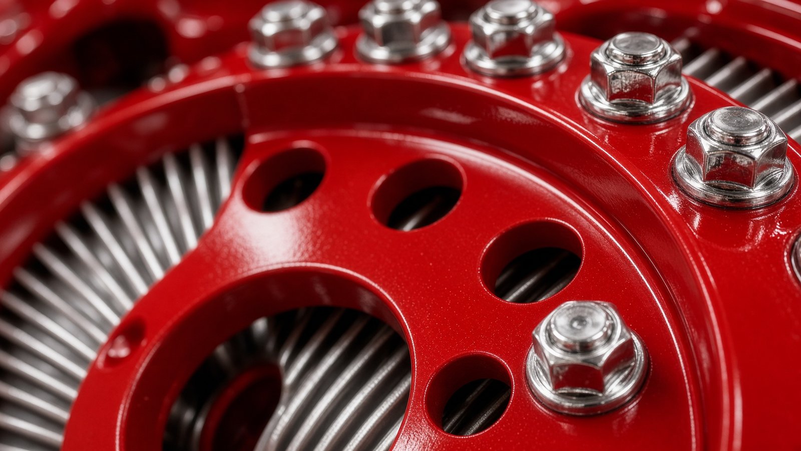 Close-up of a red industrial engine flywheel