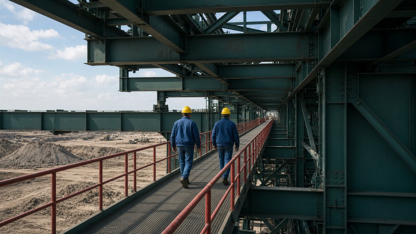 Industrial site with workers on a gantry