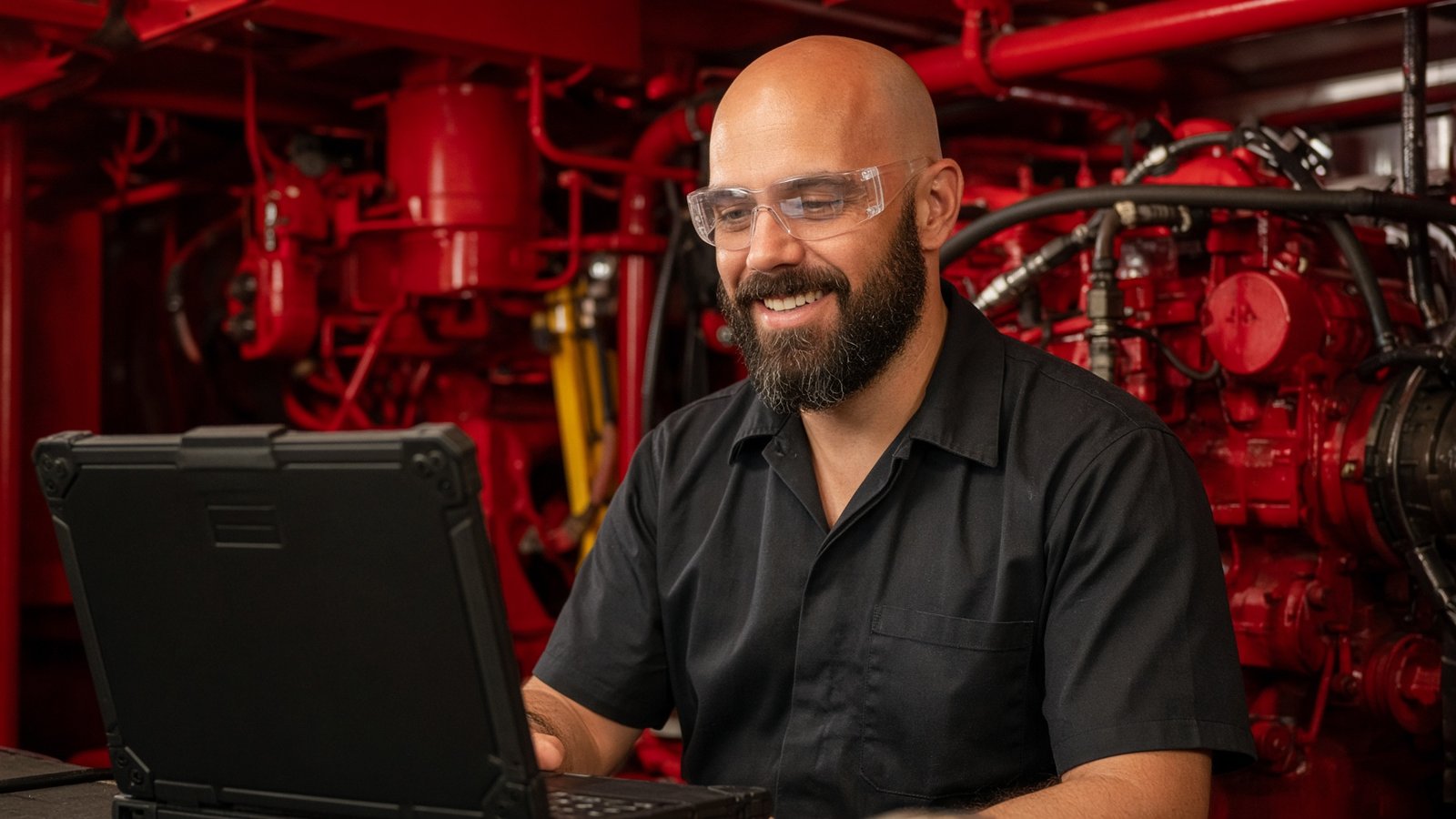 Cummins technician using a laptop in an engine bay
