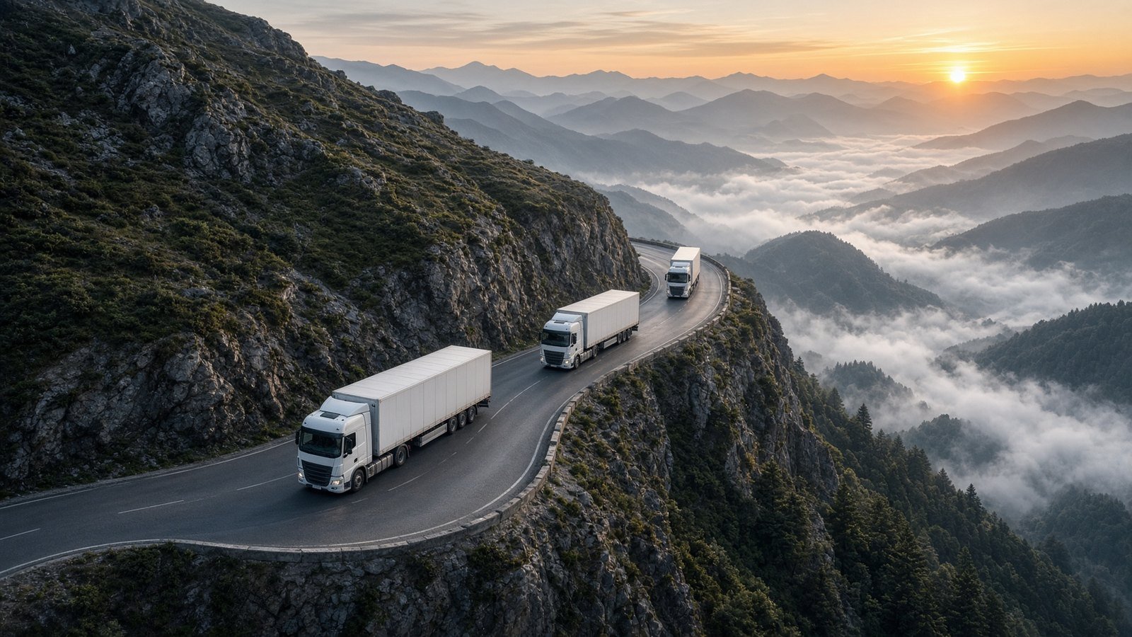 Commercial trucks on a mountain road at sunrise