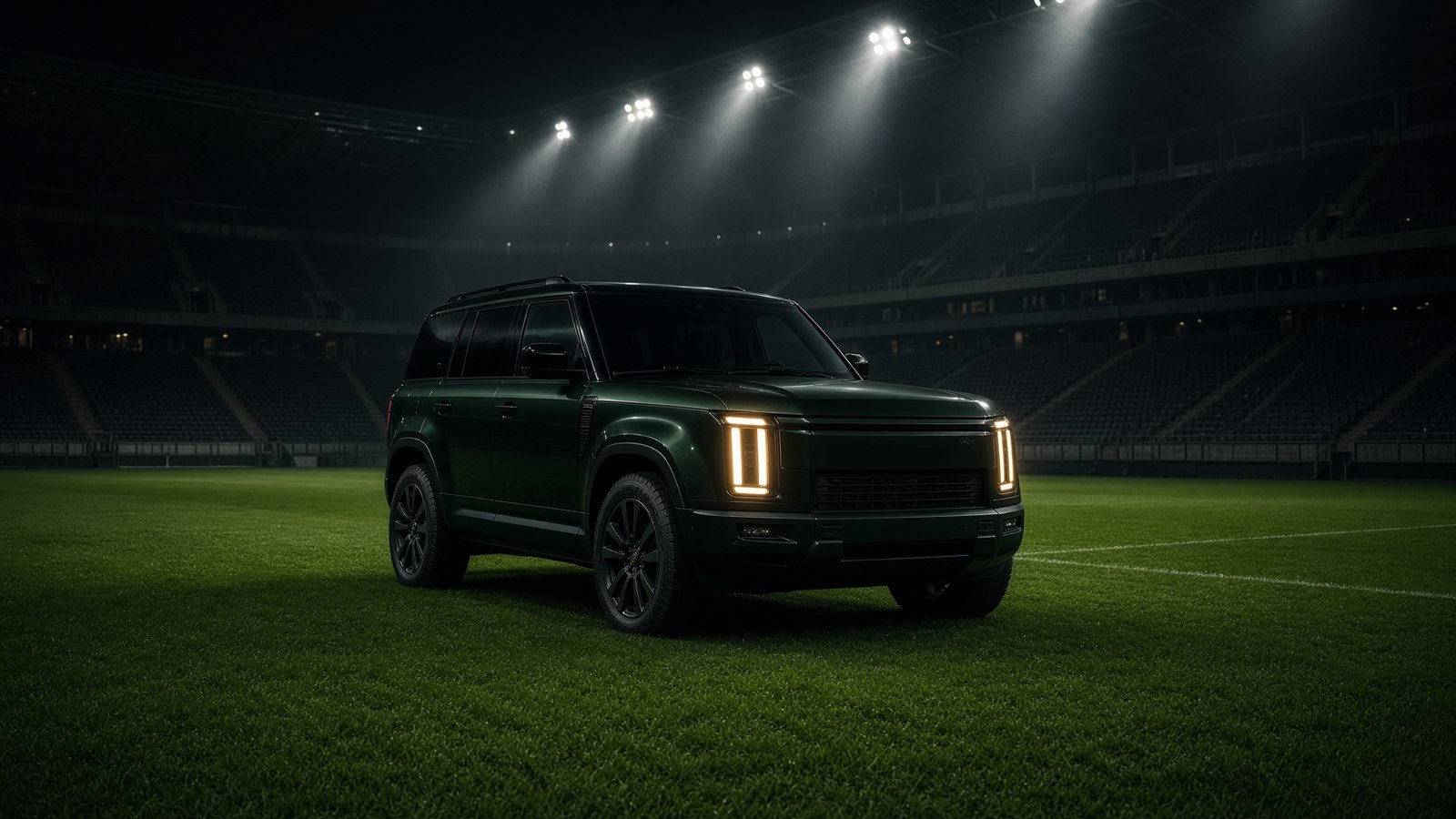 Kia SUV on a stadium pitch at night