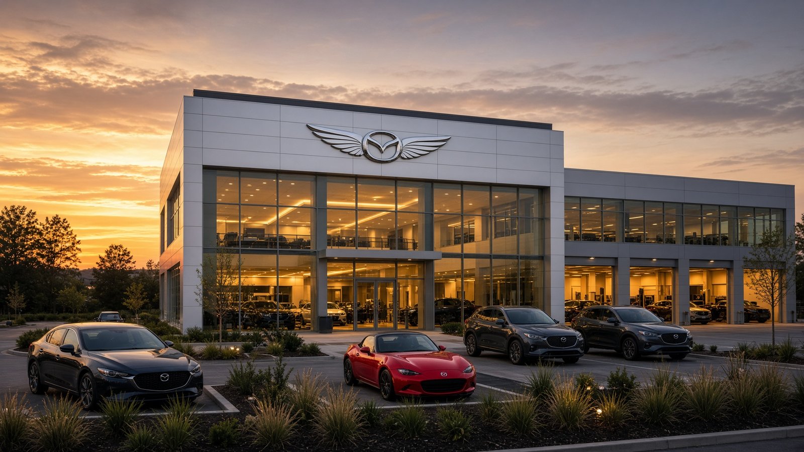 Mazda dealership at dusk