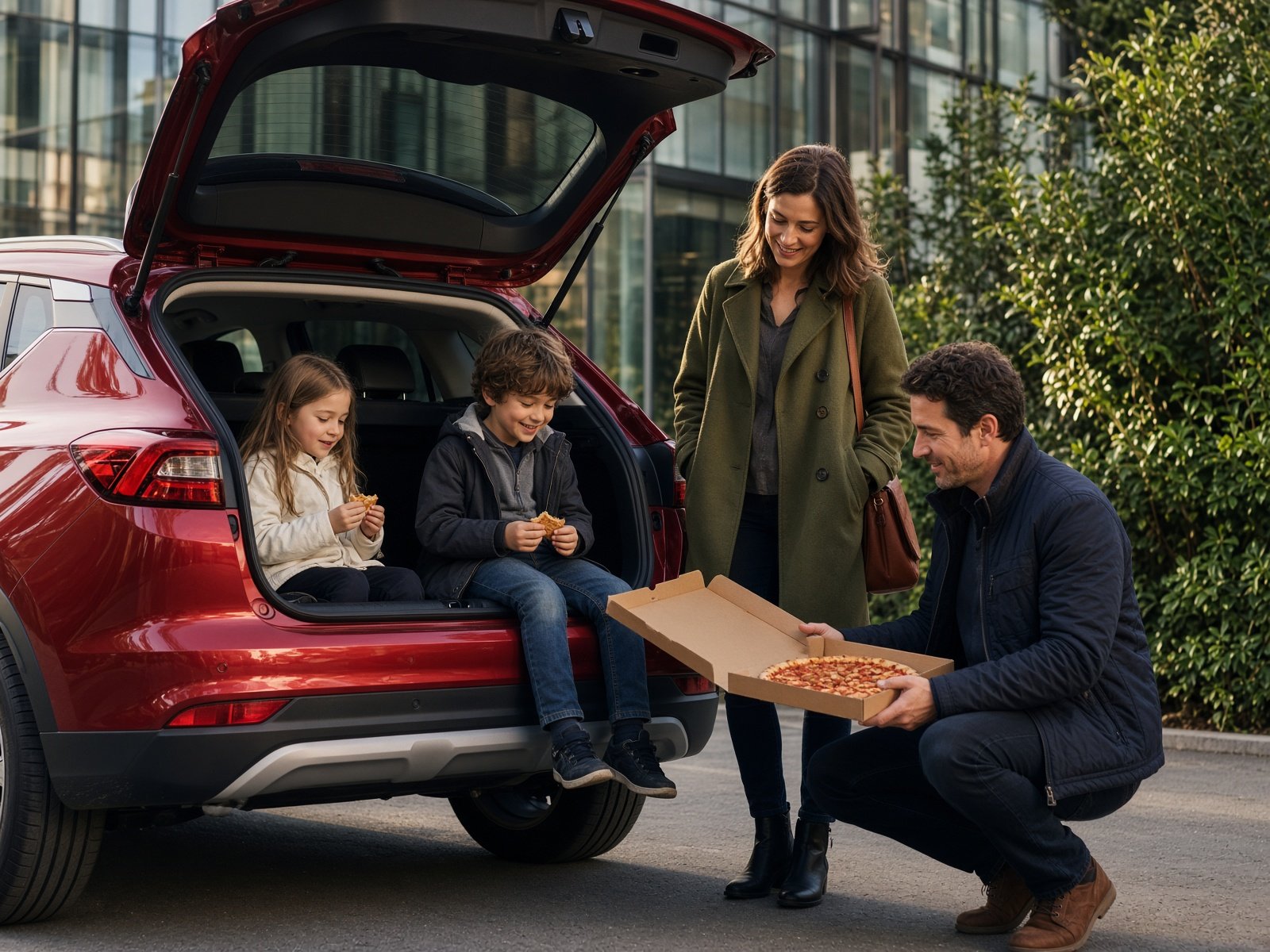 Family gathered at the cargo area of a Mazda