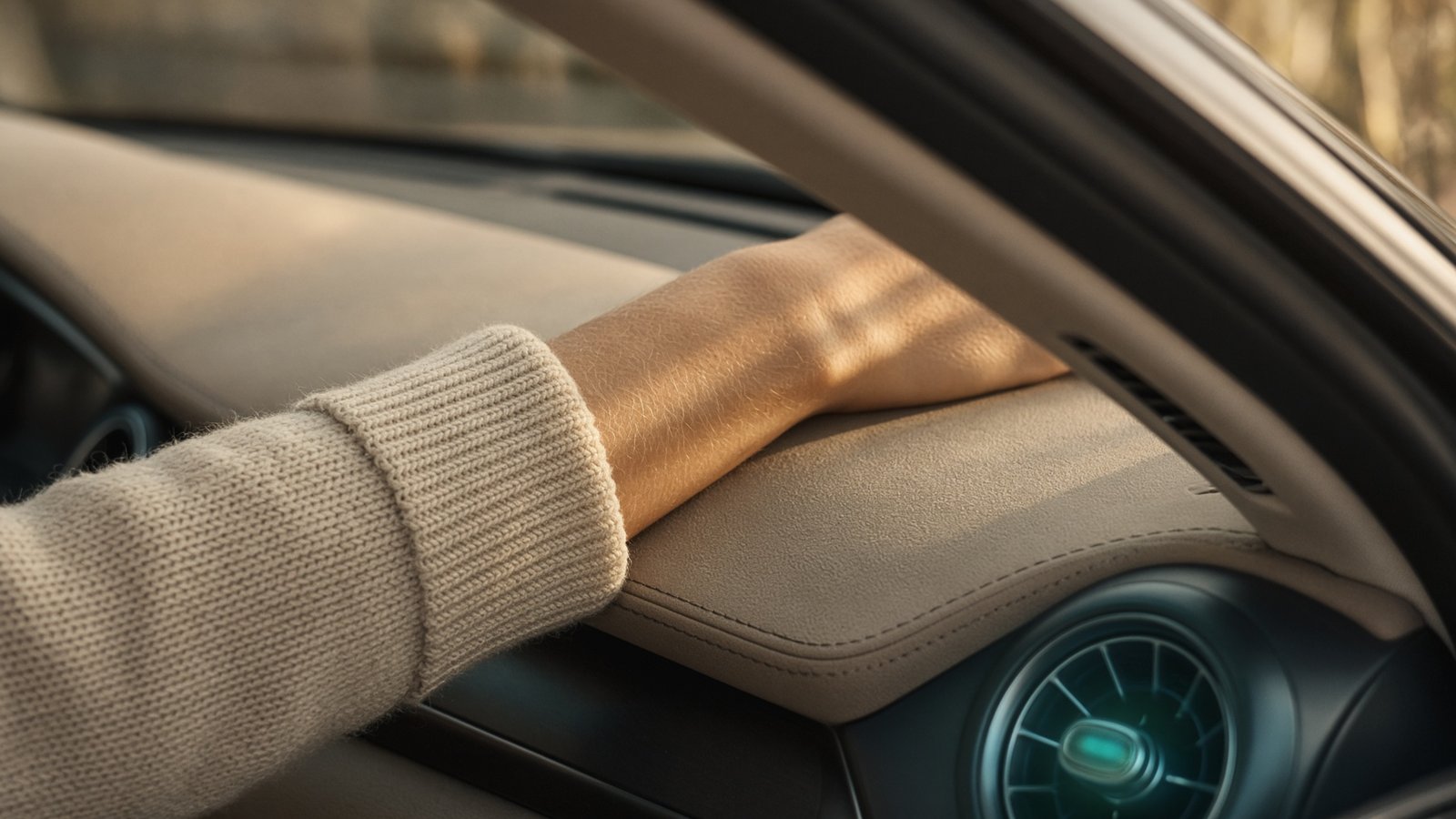 Rogue interior, a hand resting on the dashboard