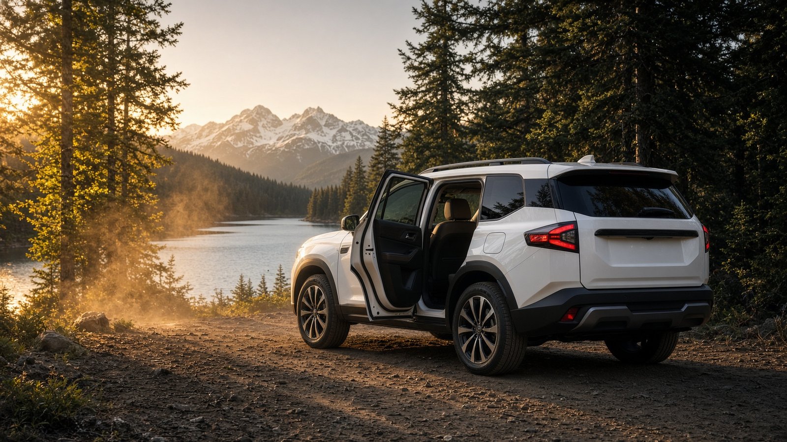 Nissan Rogue parked in a forest clearing
