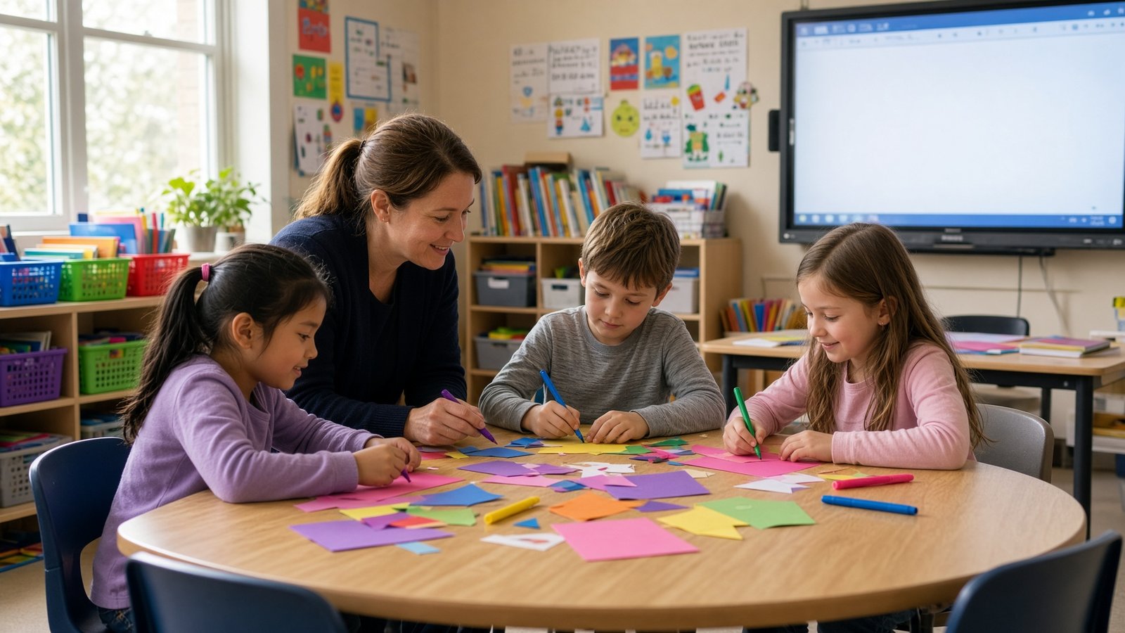Teacher and students working together in a classroom