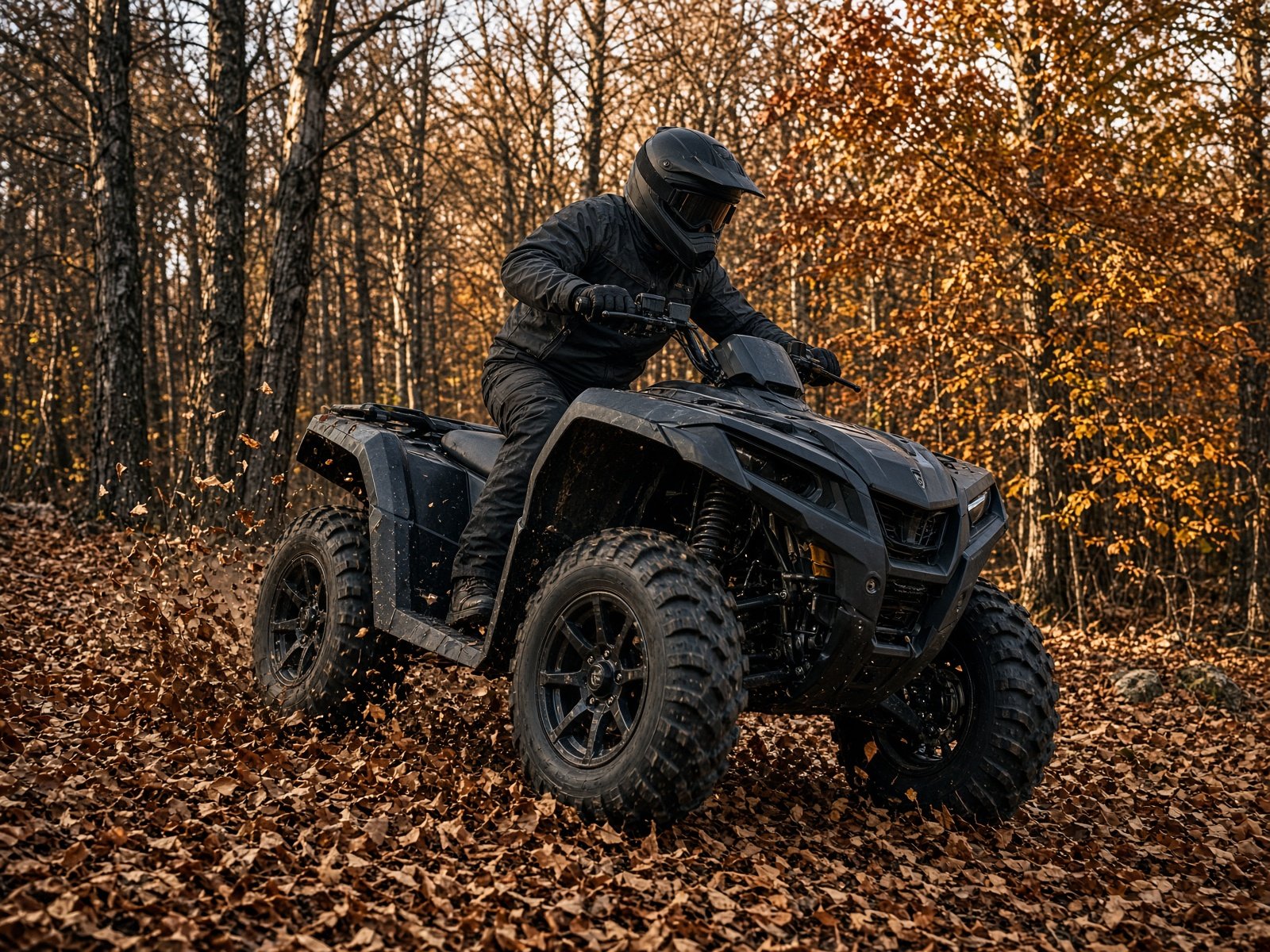 ATV rider on a forest trail