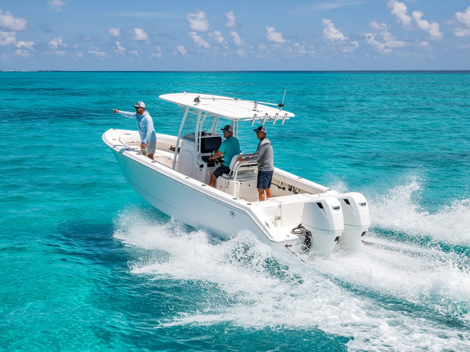 White fishing boat with twin outboards
