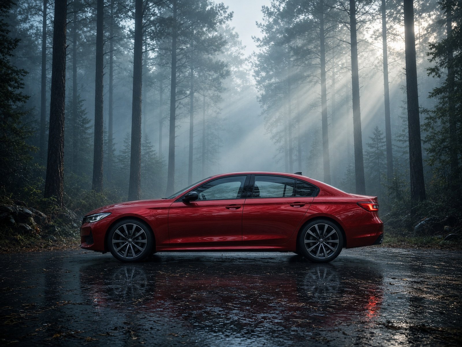 Red sedan in a misty forest