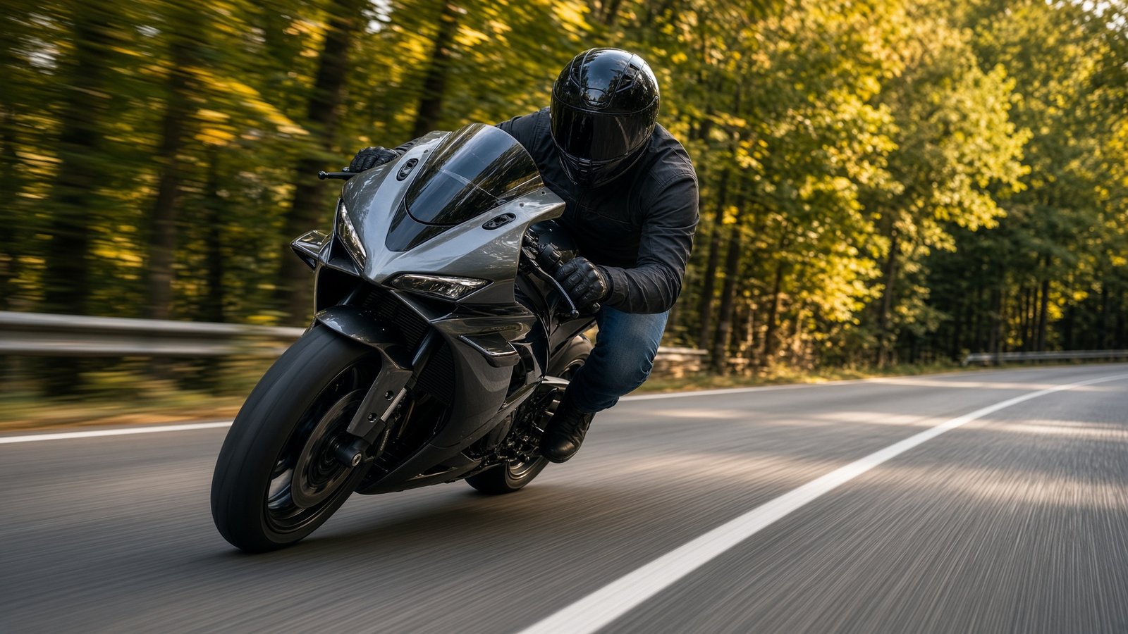 Sport motorcycle rider on a forested highway
