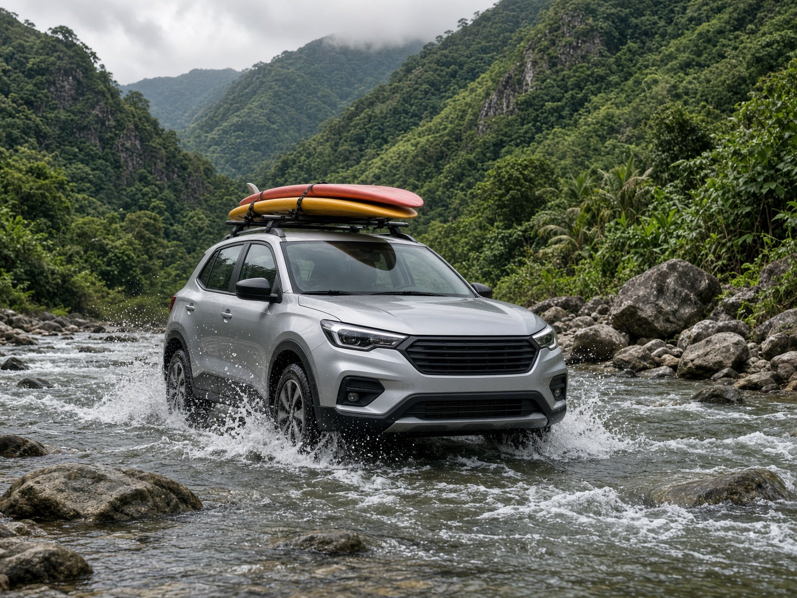 Silver SUV fording a mountain river