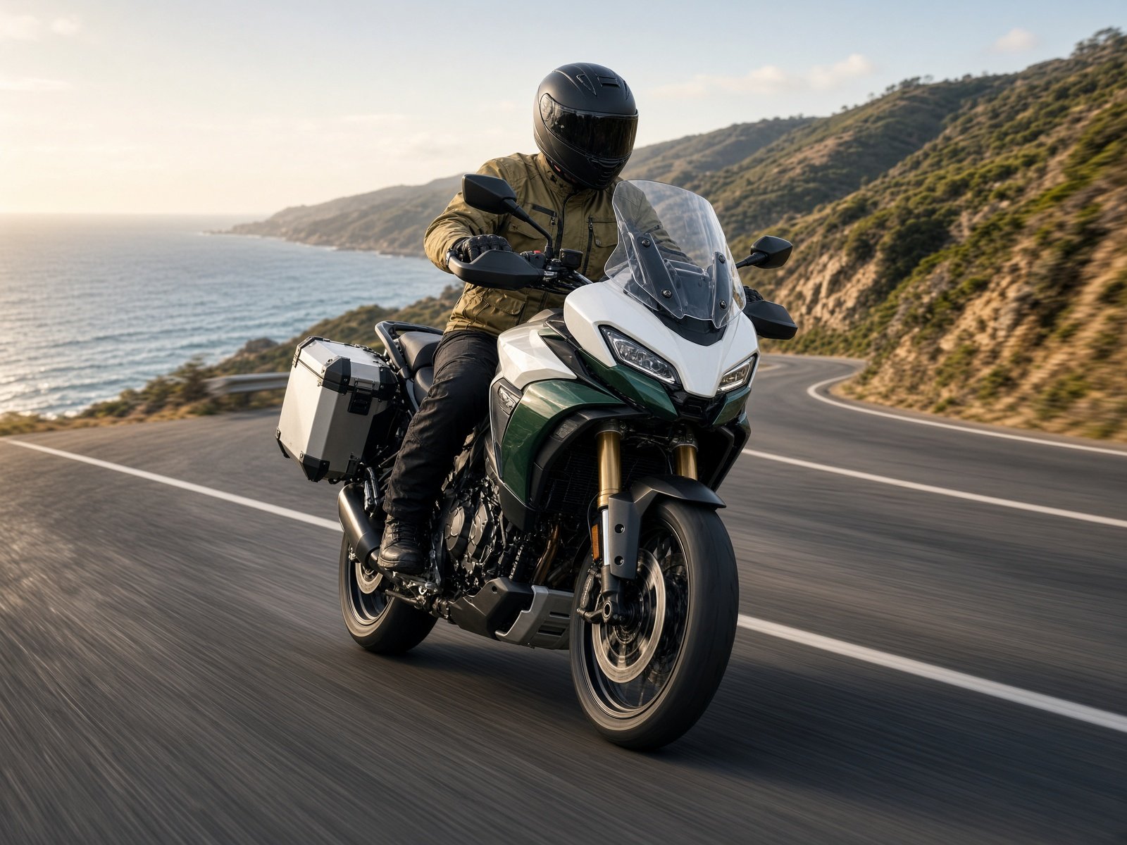 Adventure motorcycle on a coastal road