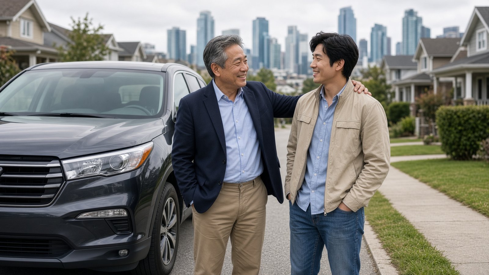 Two people greeting beside a Toyota SUV