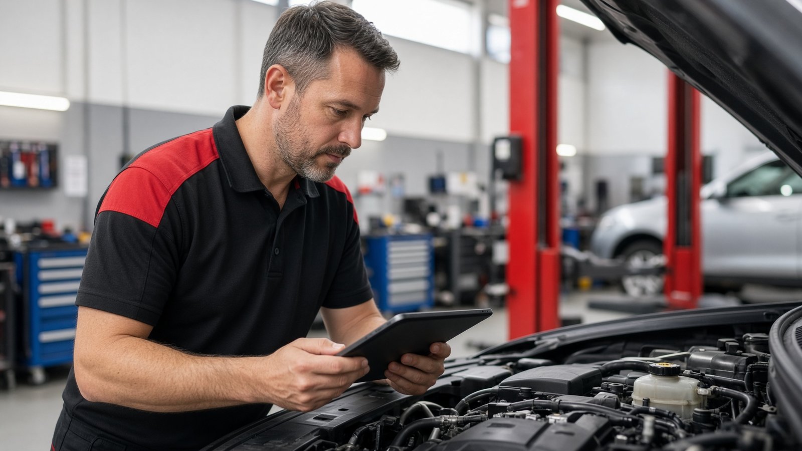 Toyota technician inspecting an engine